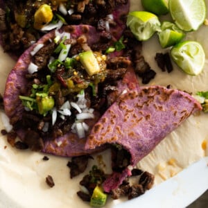 Purple sweet potato tortillas served as soft pliable tacos