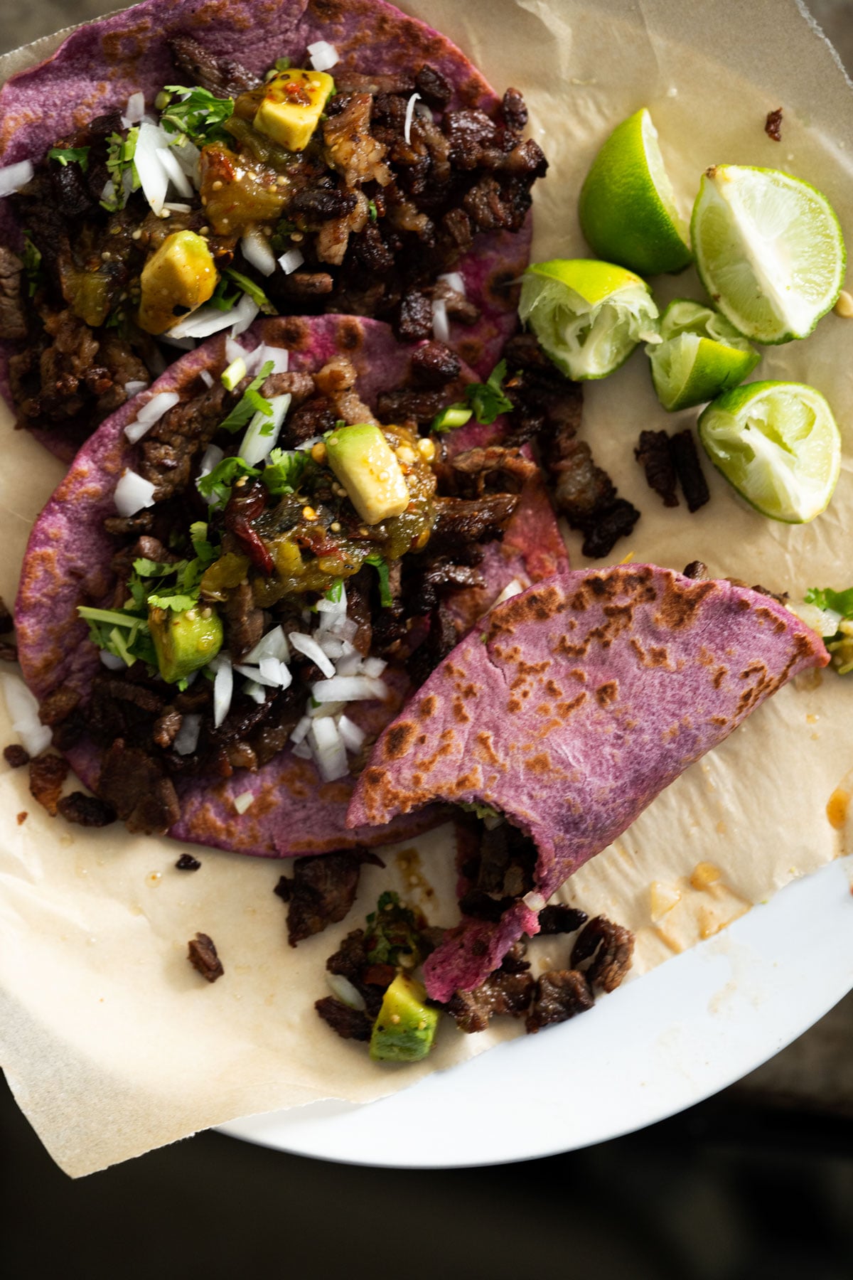 Purple sweet potato tortillas served as soft pliable tacos