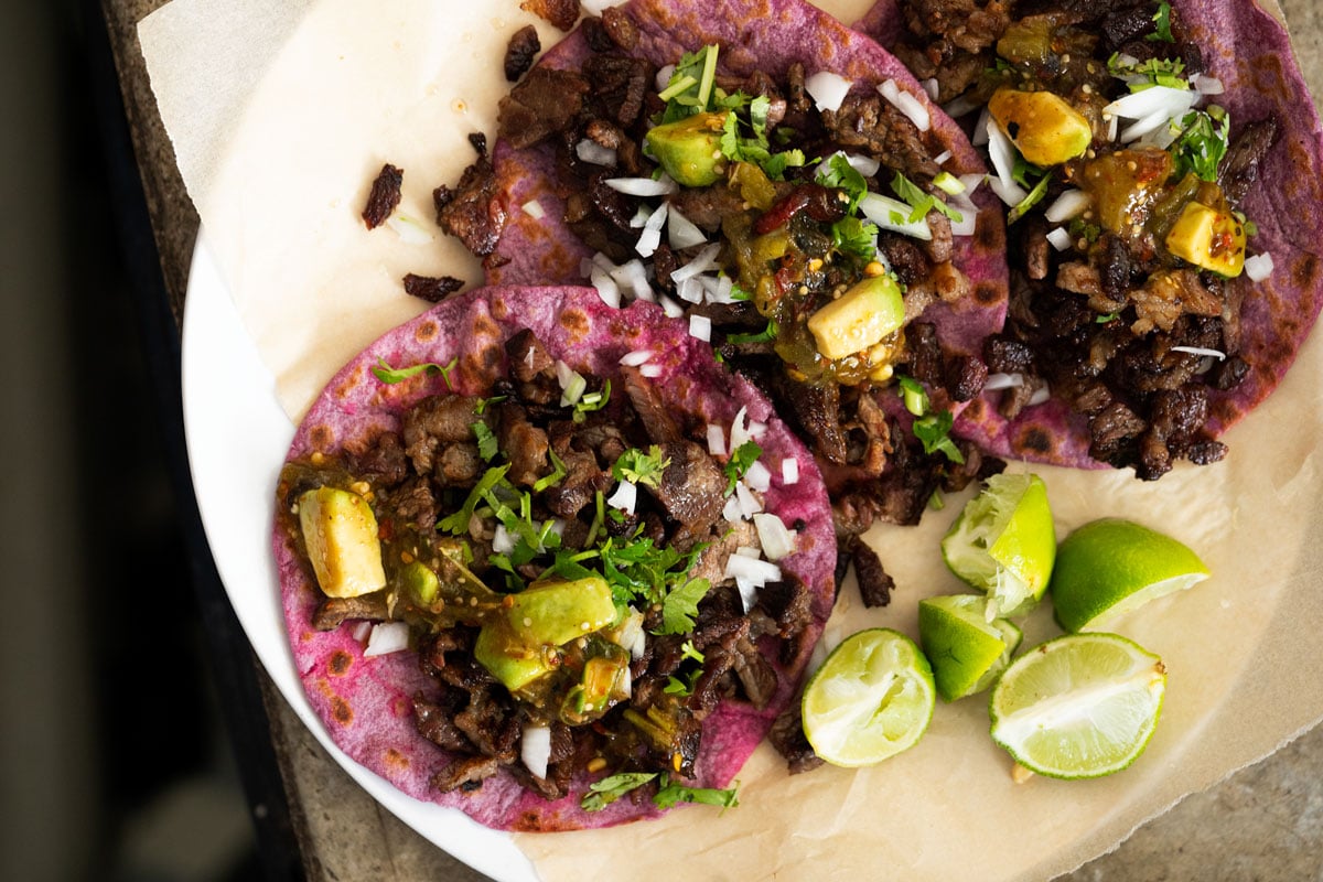 Sourdough purple sweet potato tortillas for meat tacos