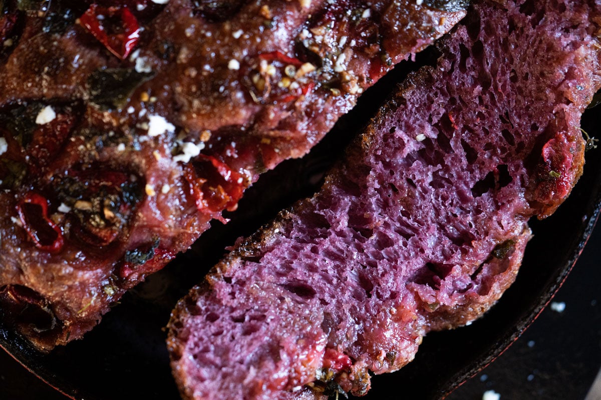 Closeup of the fluffy crumb of the salt and savory strawberry focaccia