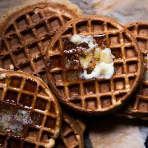 Sourdough discard waffles with butter and maple syrup