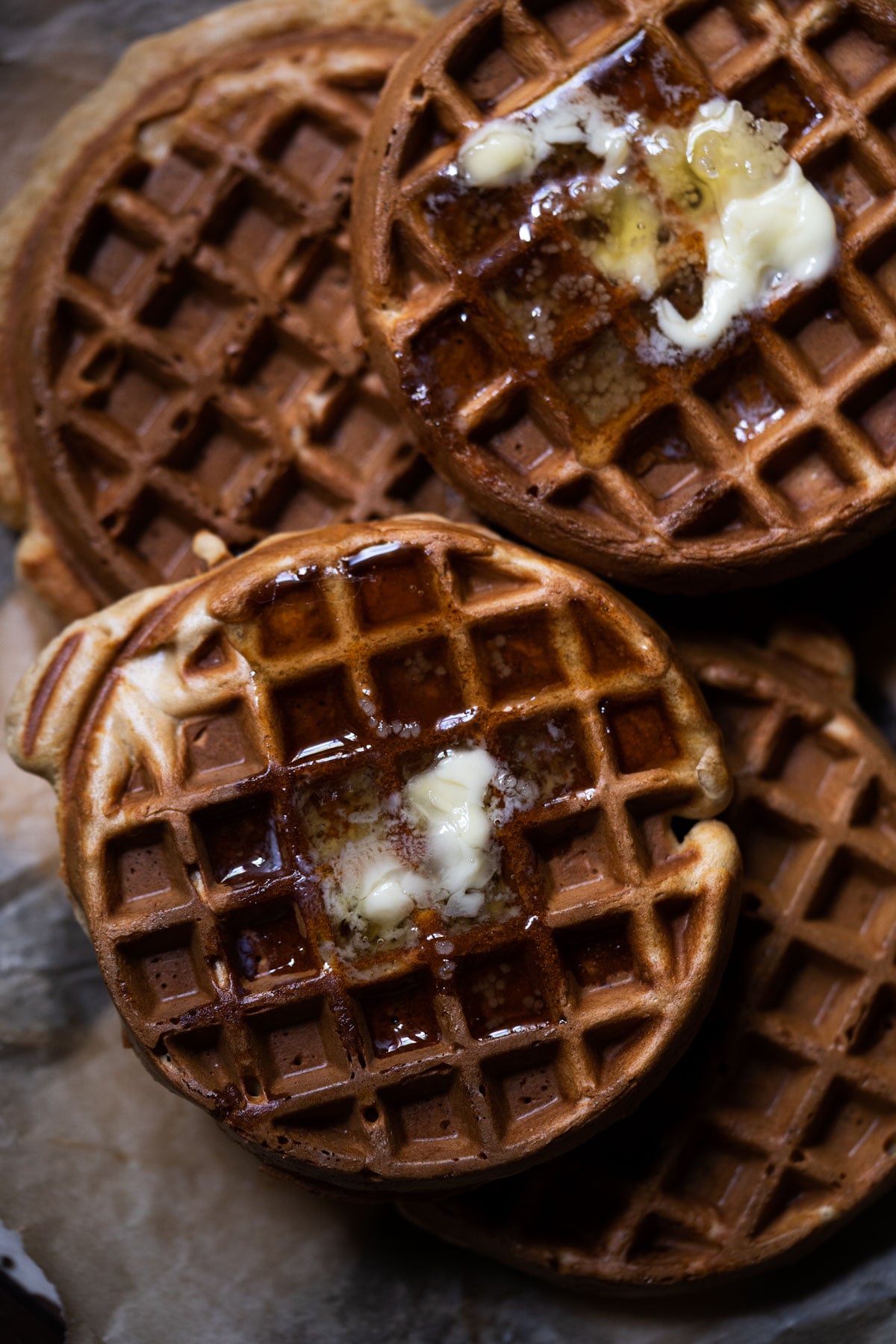 Sourdough discard waffles with butter and maple syrup