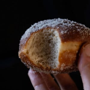 Closeup of a sourdough donut showing its fluffy texture
