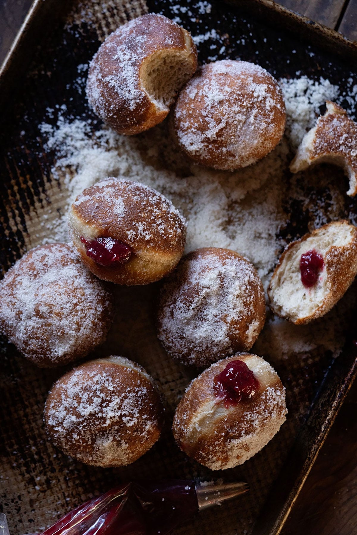 Sourdough donuts with a jelly filling covered in sugar