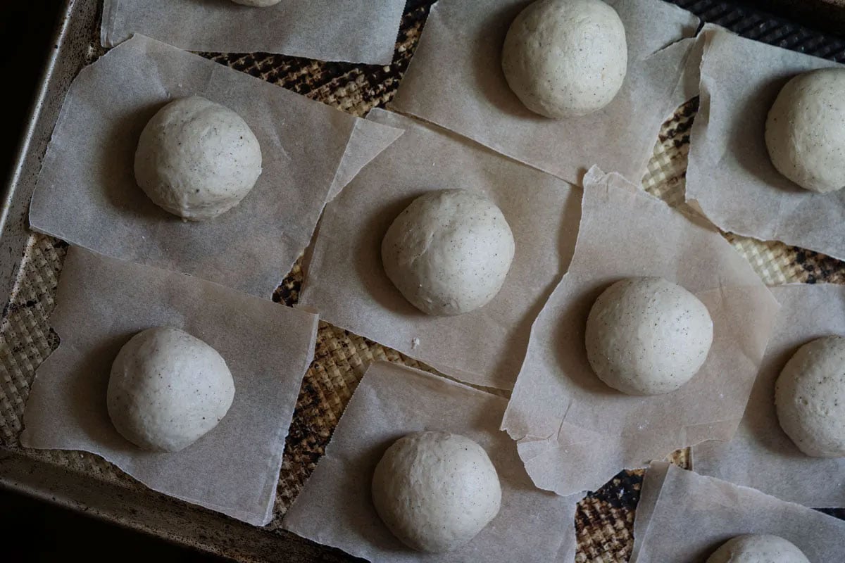 Shaped and unproofed donuts on a baking tray