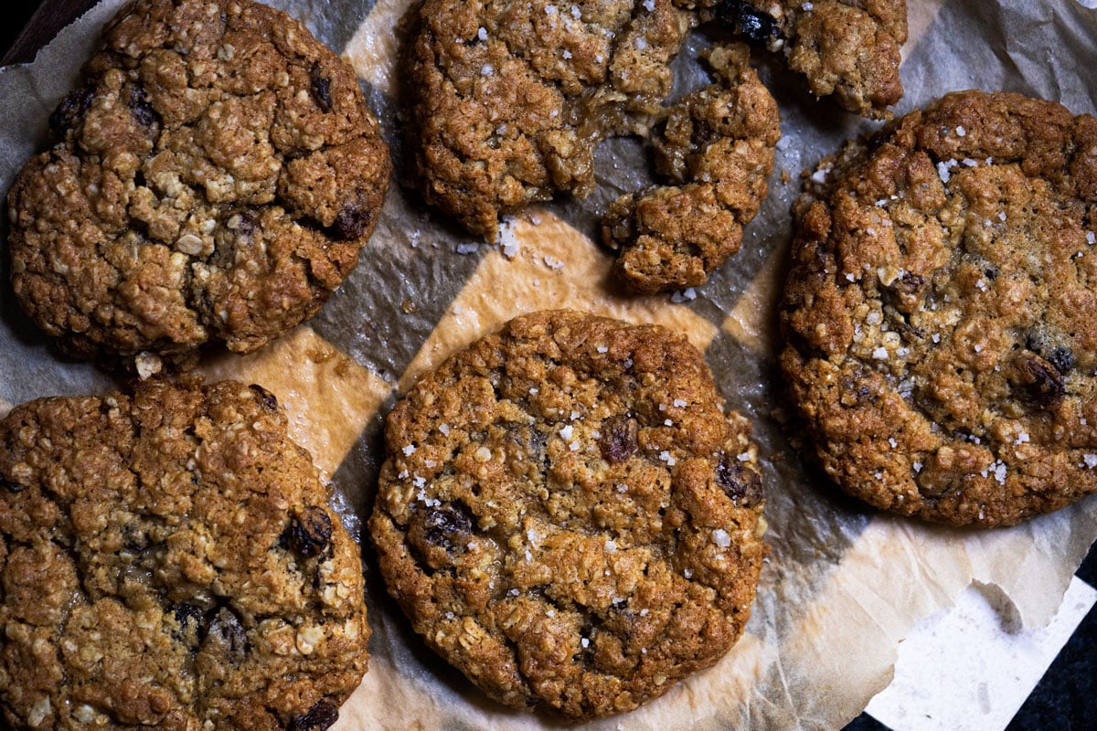 Closeup of oatmeal cookies fermented with sourdough