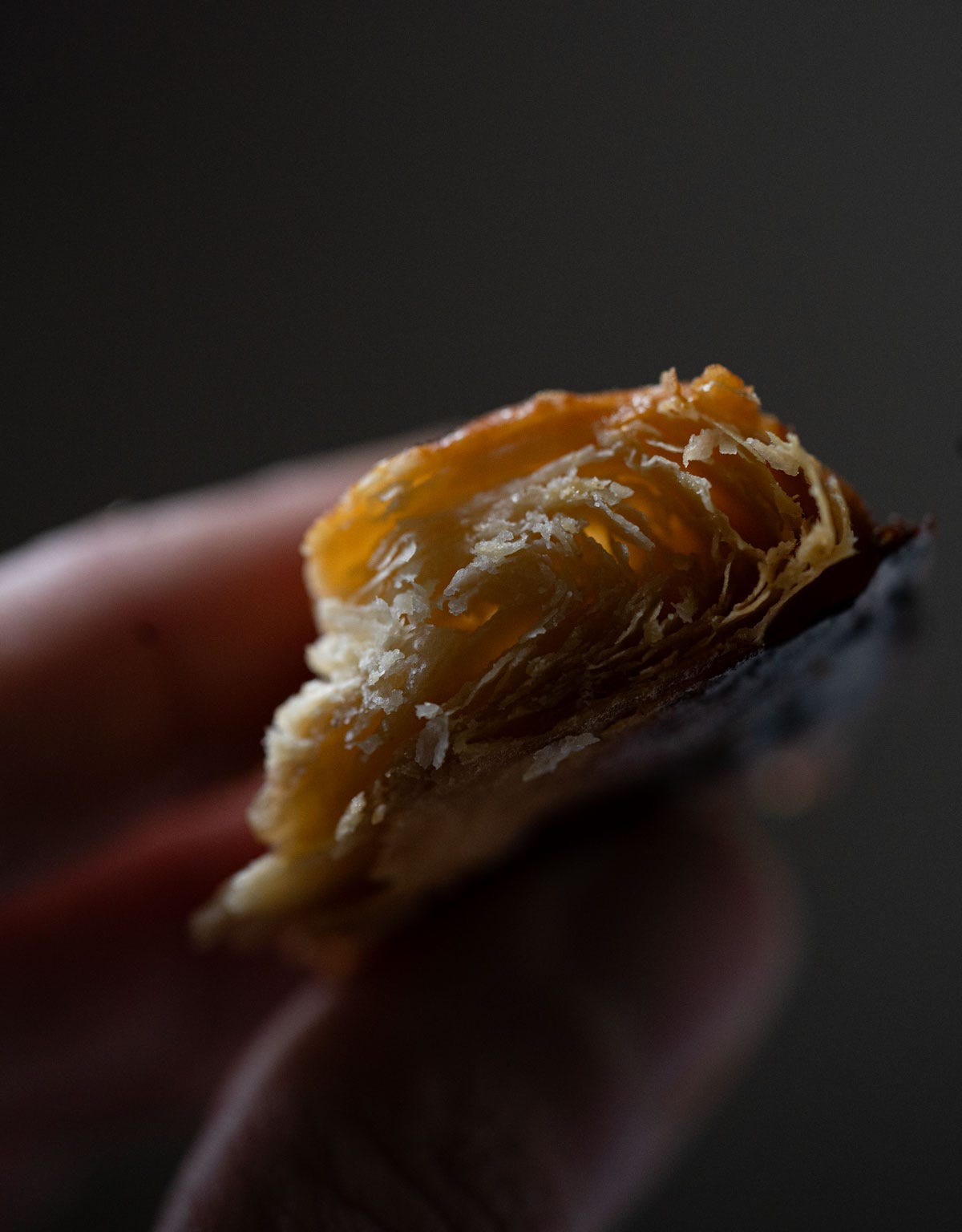 Closeup showing the flaky layers of a sourdough puff pastry