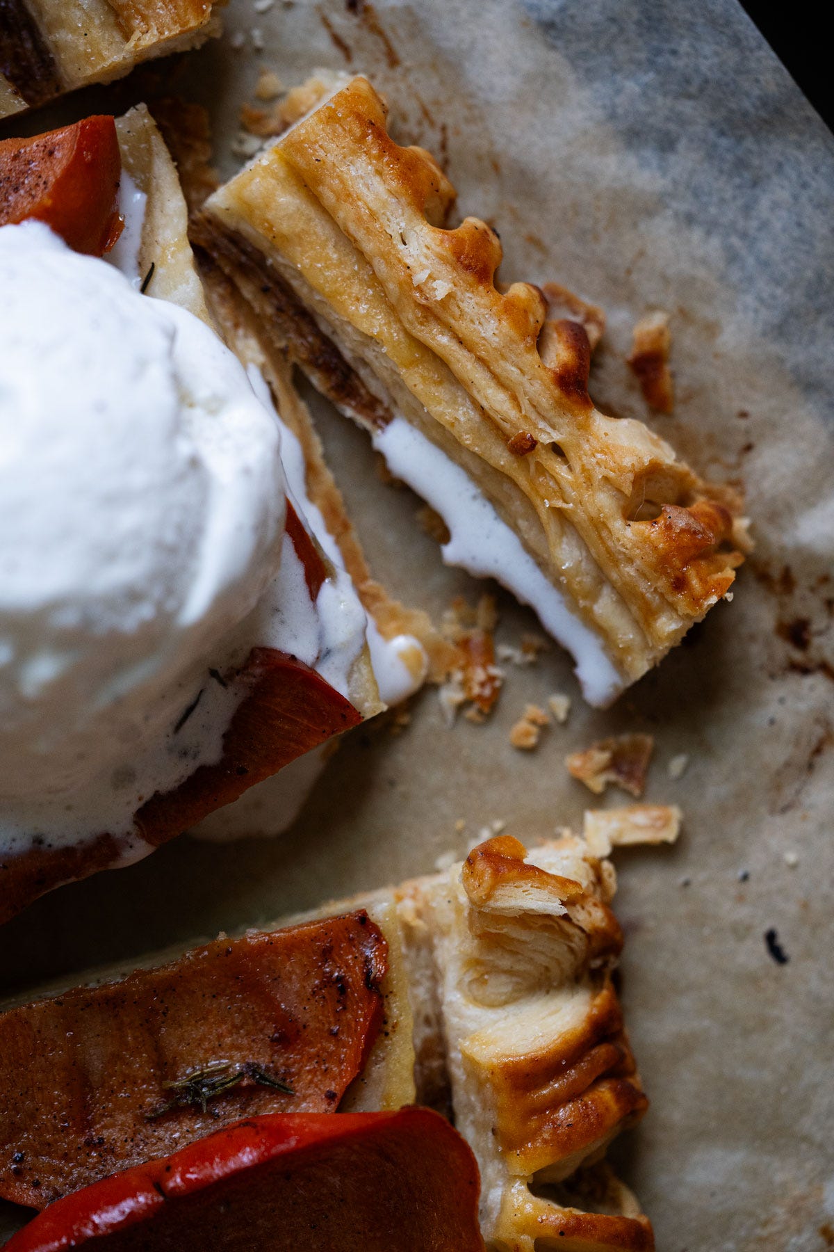 Closeup showing the flaky layers of a sourdough puff pastry