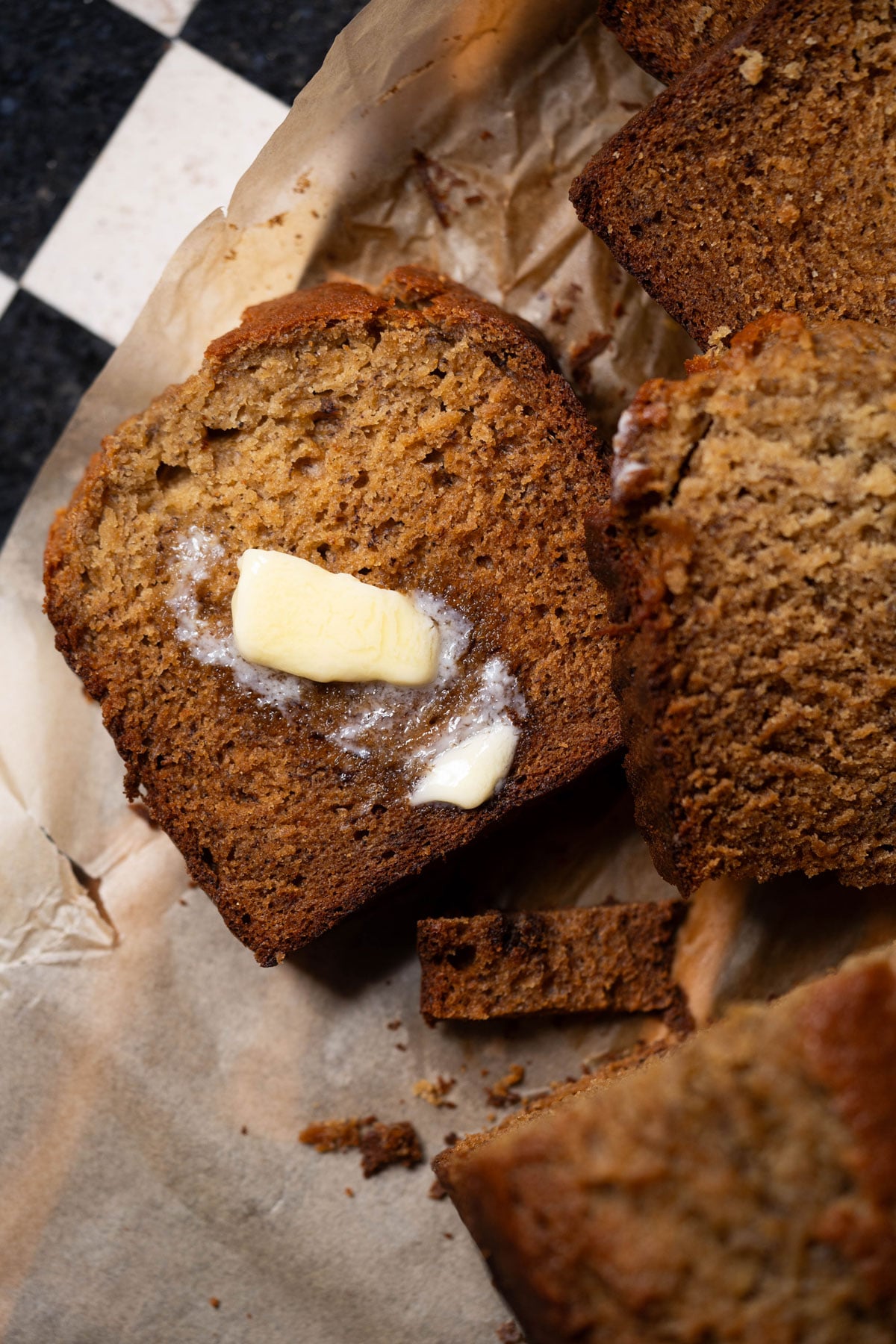 Closeup sourdough banana bread with butter